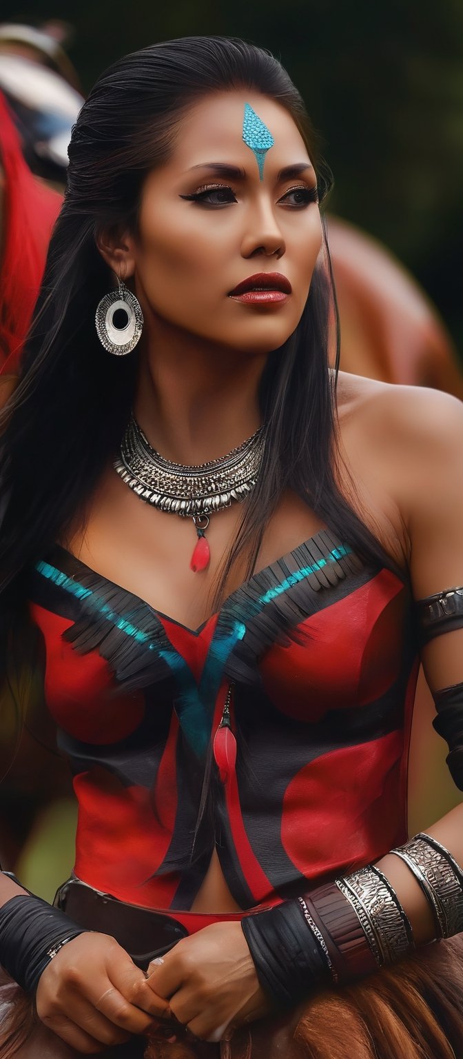 Generate hyper realistic image of a native woman exuding strength and beauty. She has long,  flowing black hair adorned wi...