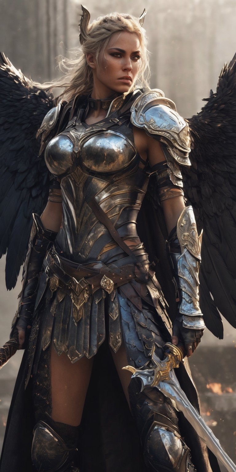 Generate hyper realistic image of a valkyrie corrupted by malevolent forces,  her once-glorious armor now tainted,  wieldi...