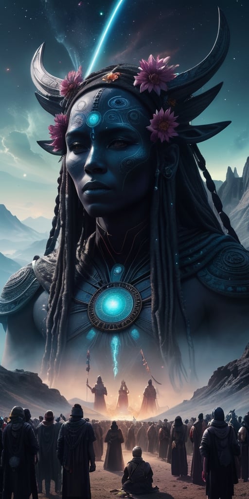 Generate hyper realistic image of a scene featuring a ritualistic gathering of intergalactic shamans,  their bodies adorne...