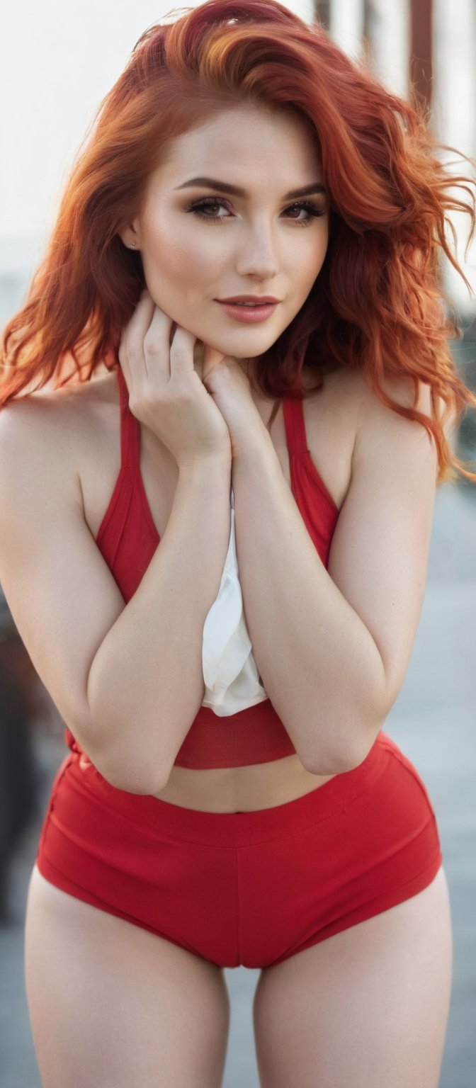 Generate hyper realistic image of a woman standing with her hands raised to her cheeks, using her fingers to gently pull her cheeks back, enhancing her smile. She has long, vibrant shiny red hair that cascades down her back in loose, voluminous waves. She is wearing a red crop top and matching red shorts that are high-waisted and slightly distressed at the hems. The background features a cozy coffee shop.