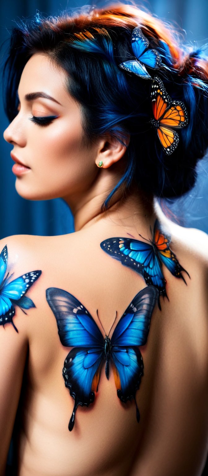 Generate hyper realistic image of  woman with a beautiful and intricate butterfly tattoo on her back. he woman is shown in profile, with her back turned towards the viewer. Her head is slightly turned to the side, giving a glimpse of her serene and thoughtful expression. Her eyes are blue. Her hair is styled in a loose, elegant updo, with a few strands softly framing her face. The hair has a luminous quality, reflecting the light in the scene. vibrant butterfly tattoo covers her upper back and shoulders. The tattoo is rendered in vivid blues and blacks, creating a dramatic contrast against her skin. Surrounding the large butterfly are smaller, glowing butterflies in shades of orange and yellow.