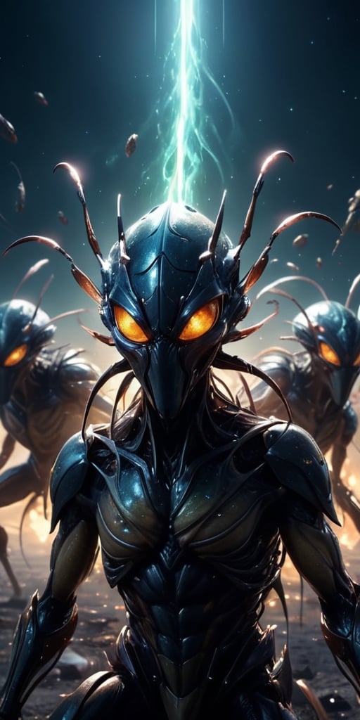 Generate hyper realistic image of a nightmarish depiction of a swarm of interdimensional insectoid creatures,  each with r...