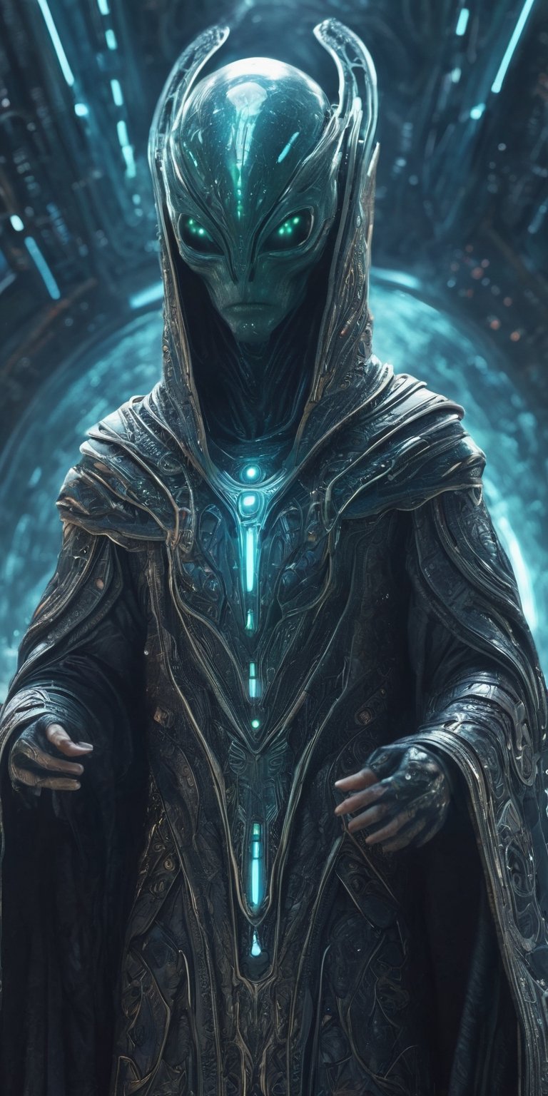 Generate hyper realistic image of an alien with mystical powers,  donned in intricate cosmic robes,  navigating a futurist...