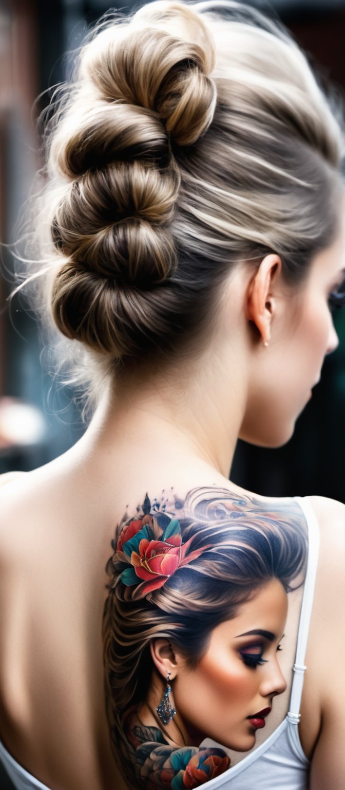 Generate hyper realistic image of a woman with an intricate and vibrant full-back tattoo. The tattoo spans the entire back...