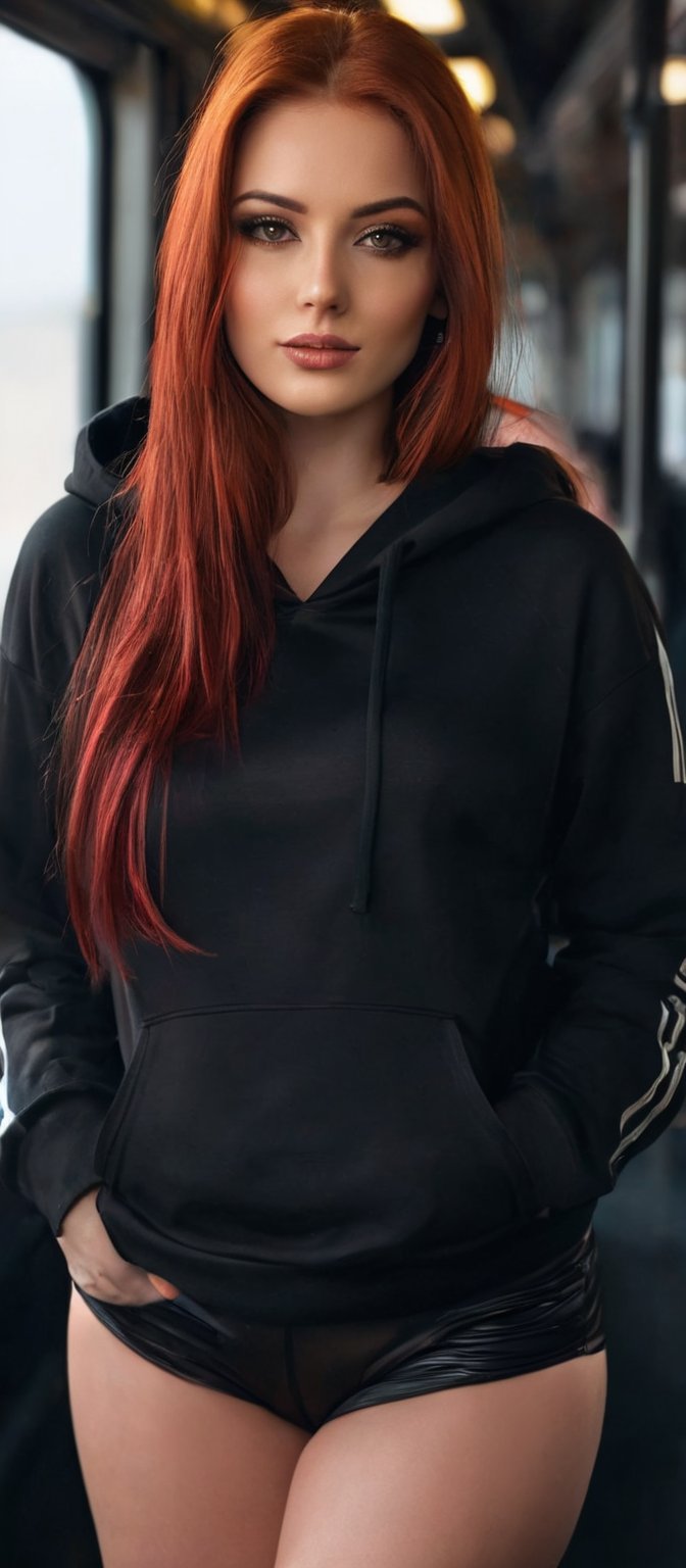Generate hyper realistic image of a woman with flowing red hair with black strands that cascades down her back. She is loo...