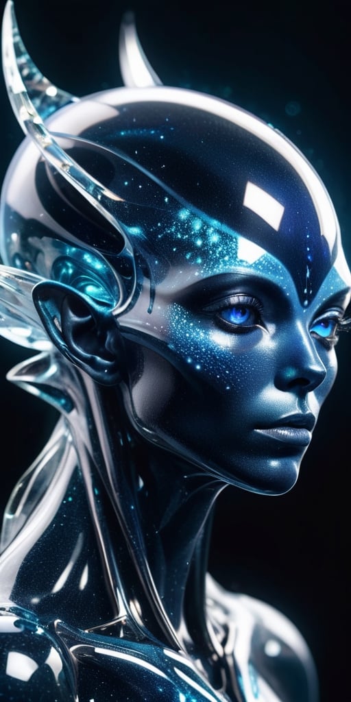Generate hyper realistic image of a crystalline humanoid alien hybrid,  with translucent skin revealing intricate crystall...