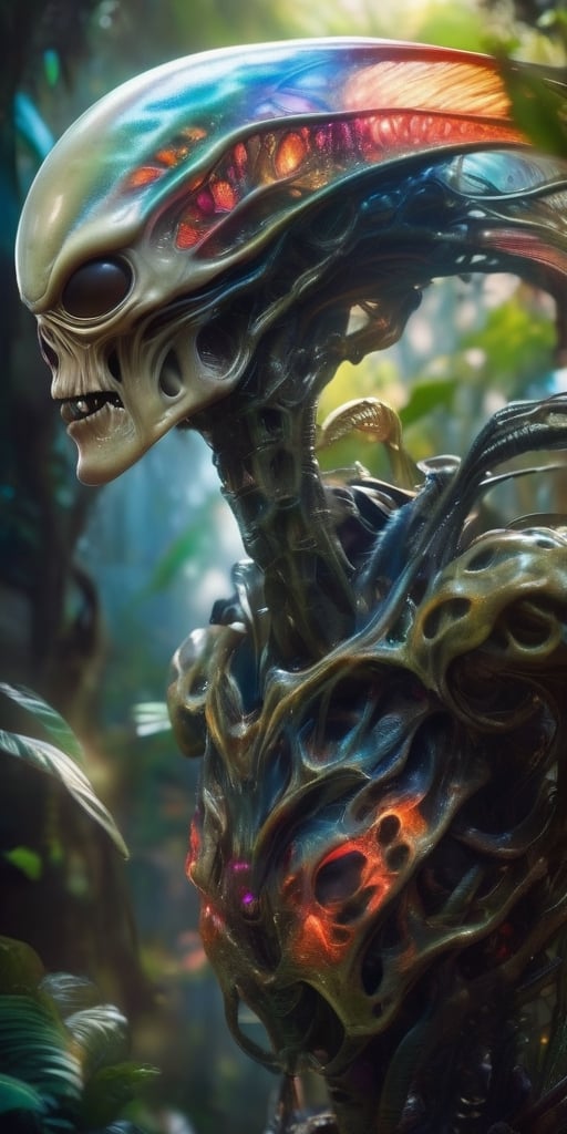Generate hyper realistic image of a alien lurking among the trees. Its bony exoskeleton is adorned with vibrant,  biolumin...