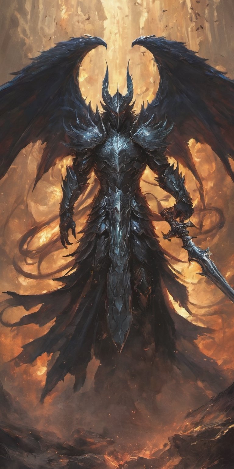 Create a realistic photo of Prince of hell leviathan. Leviathan spreads his wings, totaling eight wings in total, showing that Leviathan is above the Seraphim who have six wings, but still below the True Archangels who have twelve wings. Leviathan clads himself in armor made from the scales of a primordial monster, tougher than diamond and adamant. The armor covers his entire body, with the exception of his head. .Sharp focus, high detailed ,background of hell.,flmngprsn,DonML1quidG0ldXL ,monster,more detail XL