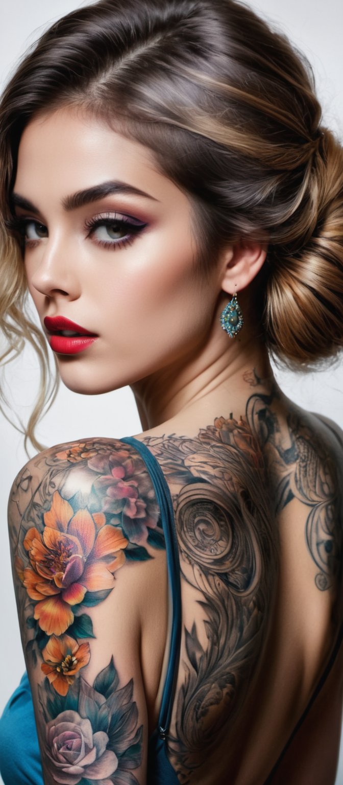 Generate hyper realistic image of a woman with an intricate and vibrant full-back tattoo. The tattoo spans the entire back...