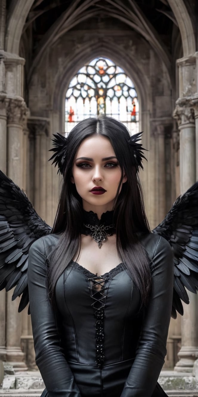 Generate hyper realistic image of a goth girl with black wings in the solemn ambiance of an abandoned cathedral. Her dark...