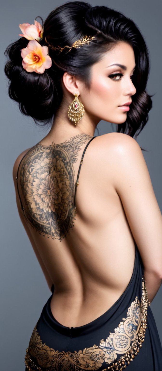 Generate hyper realistic image of a woman with an alluring and confident appearance. The woman is shown from the back,  sl...