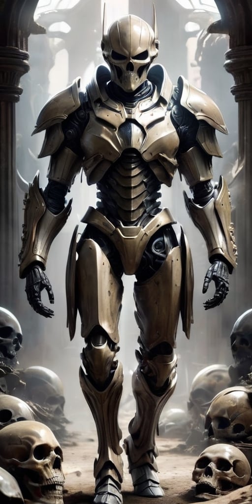 Generate hyper realistic image of a fearsome alien warrior dons a suit of armor constructed entirely from the bones and sk...