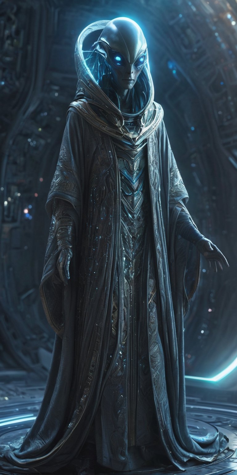Generate hyper realistic image of an alien with mystical powers,  donned in intricate cosmic robes,  navigating a futurist...