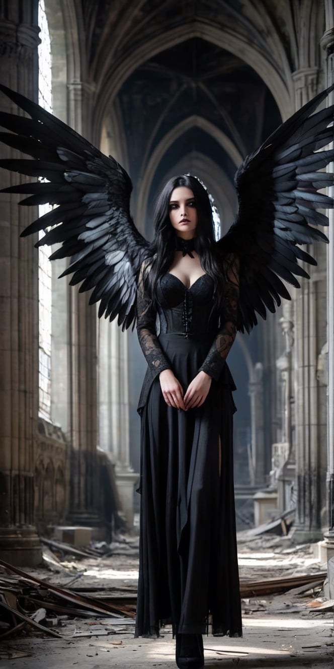 Generate hyper realistic image of a goth girl with black wings in the solemn ambiance of an abandoned cathedral. Her dark...