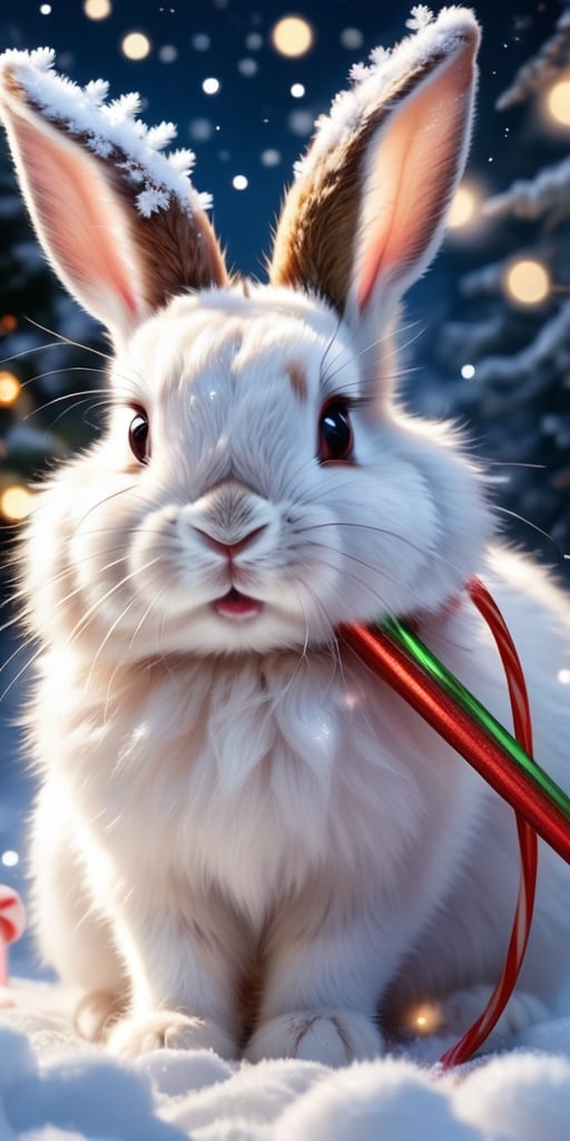 Generate hyper realistic image of a fluffy bunny wearing reindeer antlers,  nibbling on a candy cane while surrounded by s...