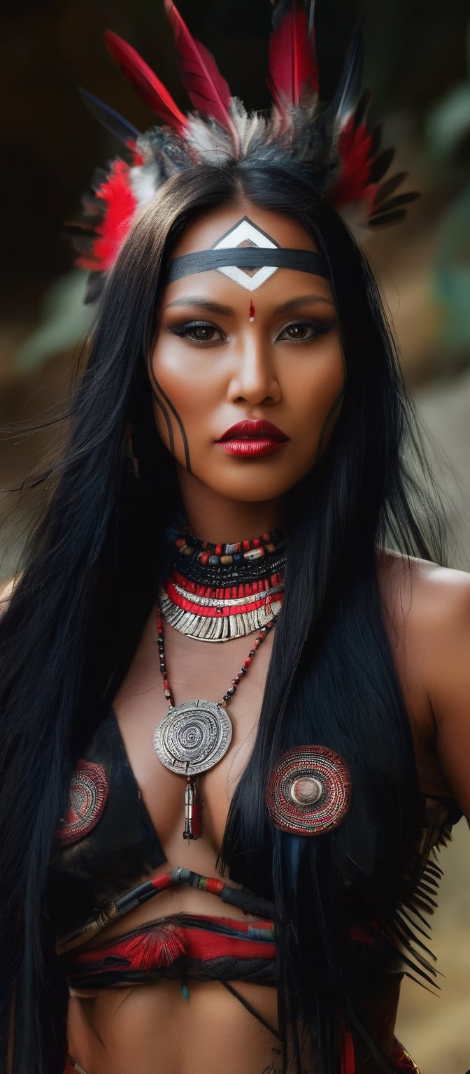 Generate hyper realistic image of a native woman exuding strength and beauty. She has long,  flowing black hair adorned wi...