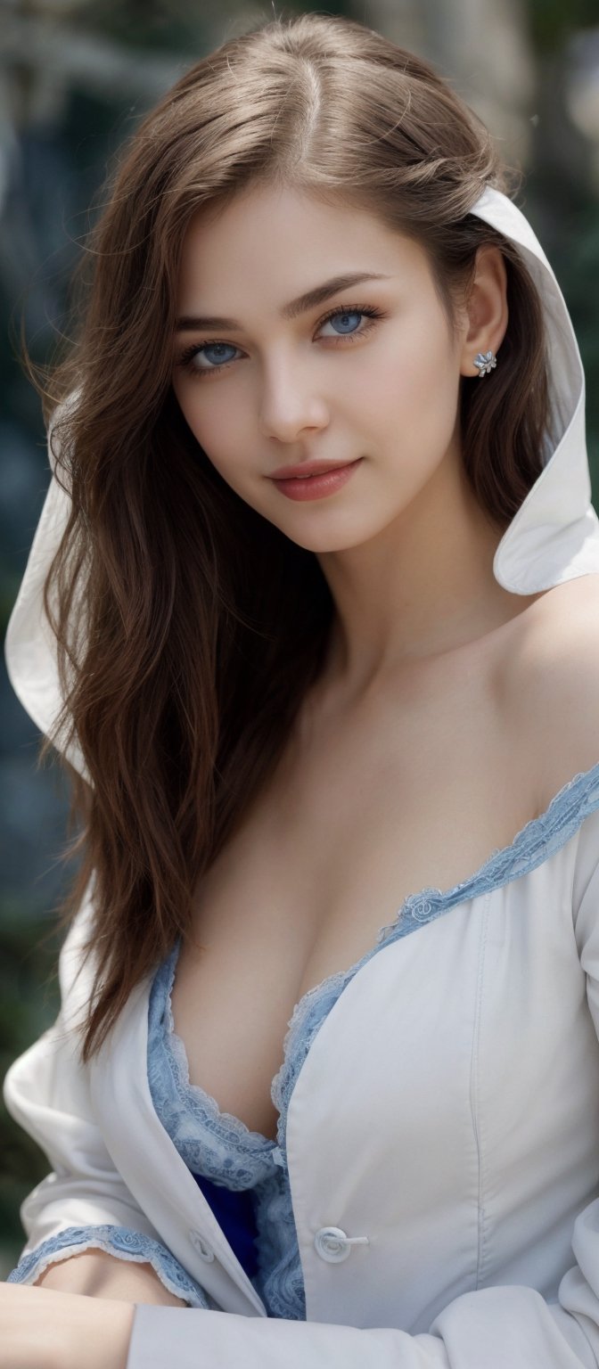 Generate hyper realistic image of a seductive woman with long,  flowing hair cascading down her shoulders. Her captivating...