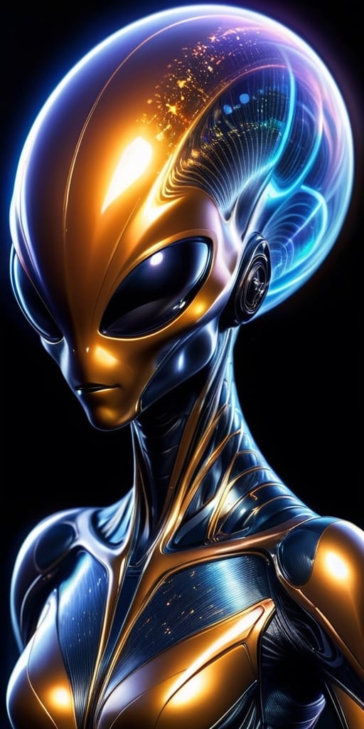 Generate hyper realistic image of a quantum-energy alien hybrid,  with fluctuating energy patterns and the ability to mani...