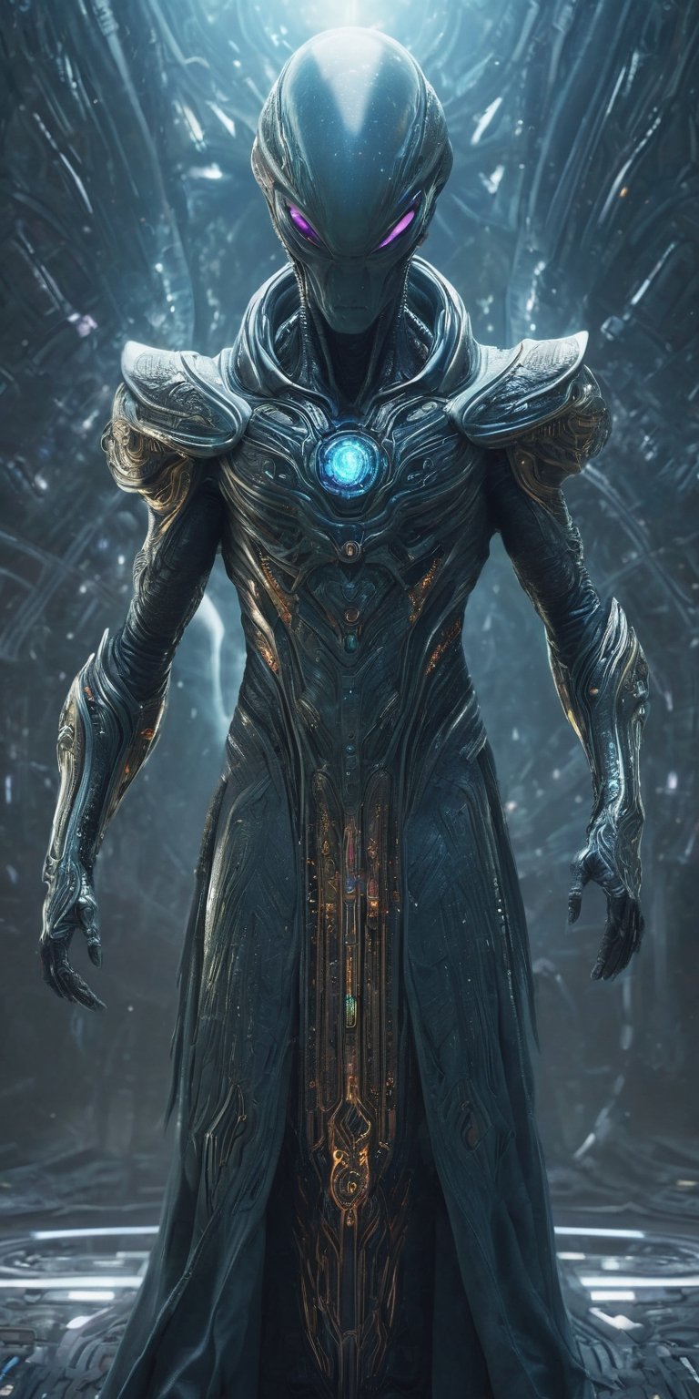 Generate hyper realistic image of an alien with mystical powers,  donned in intricate cosmic robes,  navigating a futurist...