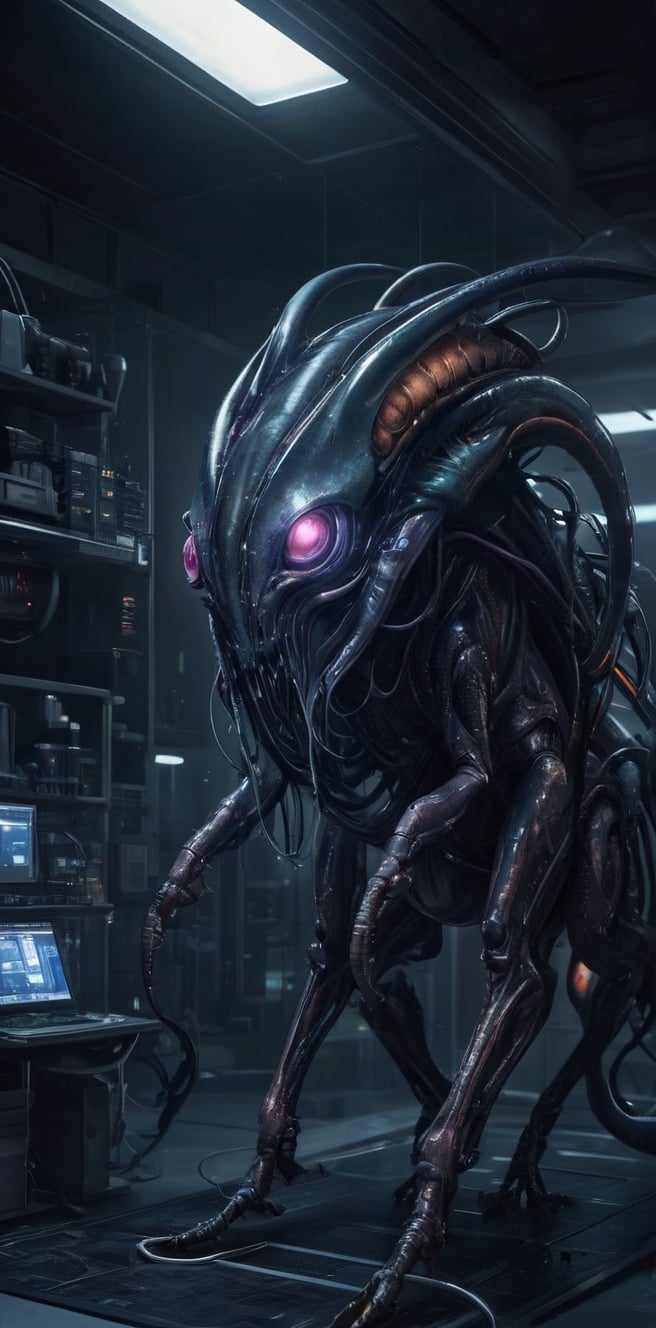 Generate hyper realistic image of a symbiotic alien parasite metamorph monster integrating with its host in a dark and fut...
