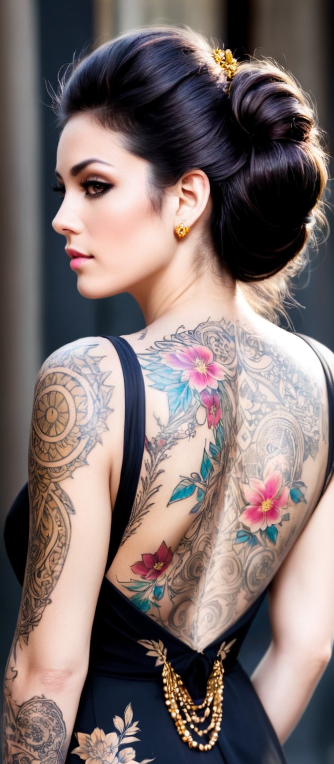 Generate hyper realistic image of a woman with an alluring and confident appearance. The woman is shown from the back,  sl...