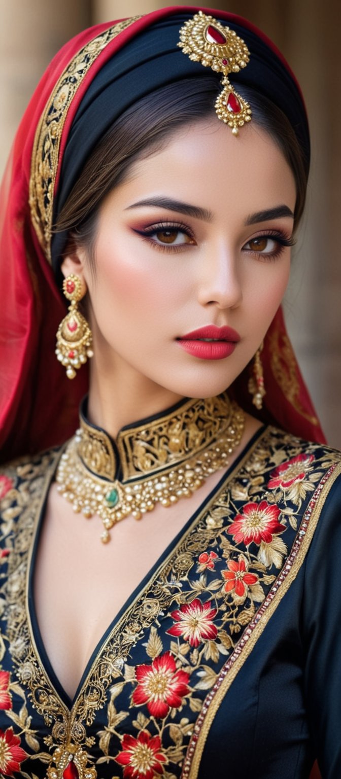 Generate hyper realistic image of a highly detailed portrayal of a regal and elegant woman dressed in traditional, ornate attire, blending elements of cultural and fantasy aesthetics. The woman is dressed in a luxurious black gown intricately adorned with golden embroidery and red accents. The gown has rich patterns running across the sleeves and hem, featuring geometric shapes and floral motifs. She wears a beautifully designed red and black headscarf draped over her head, with red floral patterns and golden embroidery that mirror the designs on her dress. The scarf flows gracefully over her shoulders. Her face is strikingly beautiful, with delicate features. She has flawless, glowing skin, slightly blushed cheeks, and full lips painted in a soft pink color. Her almond-shaped eyes are accentuated with subtle makeup. Long, flowing dark brown hair peeks out from beneath her headscarf. The backdrop is an ancient grand palace.