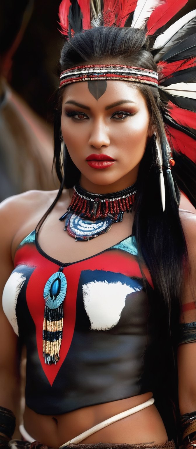 Generate hyper realistic image of a native woman exuding strength and beauty. She has long,  flowing black hair adorned wi...