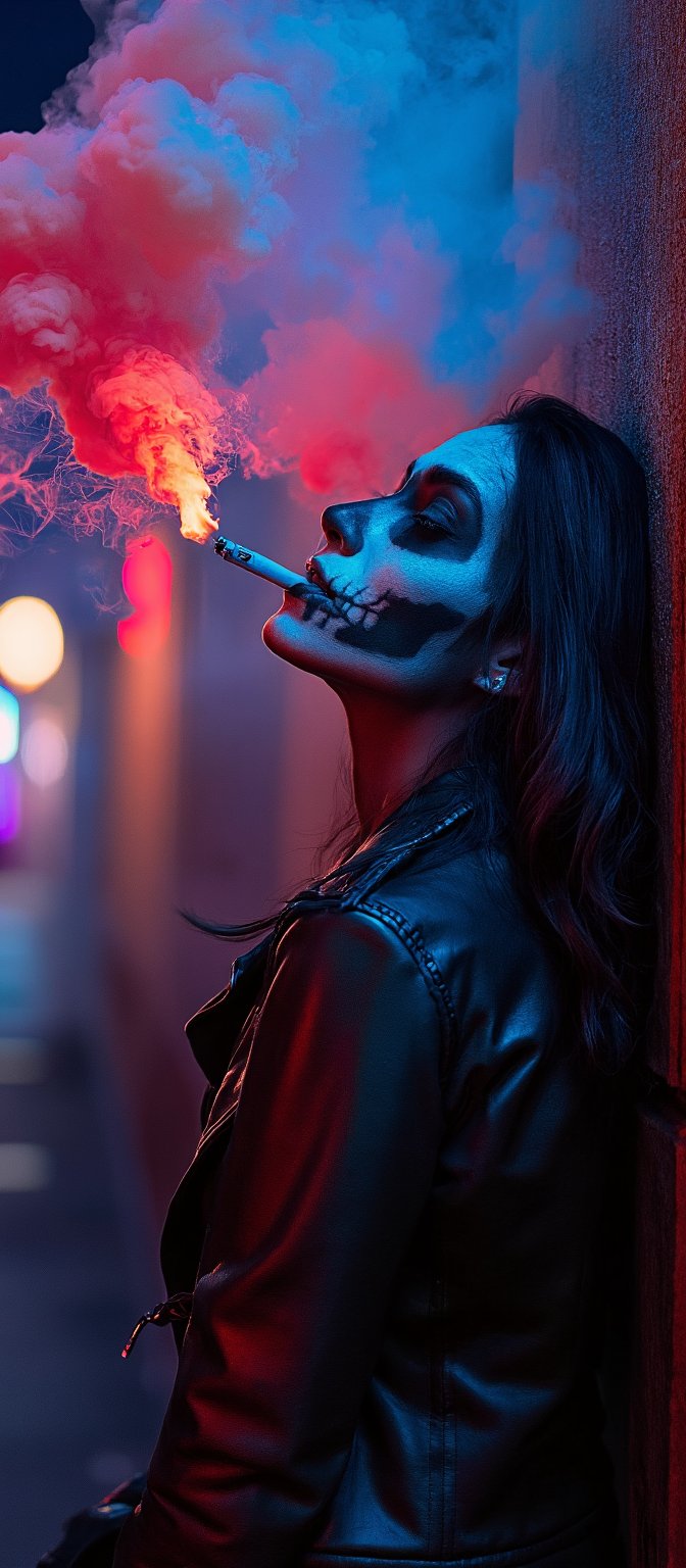 Generate hyper realistic image of a woman with skull painting on her face, leaning back against a textured wall, enveloped in thick, vibrant blue smoke. The woman is looking towards the sky. In its mouth, a lit cigarette burns, emitting the red smoke, which swirls around the head in an ethereal, dreamlike manner. The background is out of focus, revealing blurred city lights in a range of soft colors. The figure wears a black leather jacket with shiny, reflective surfaces. The mood is eerie yet modern, blending elements of death, urban culture, and neon lighting.