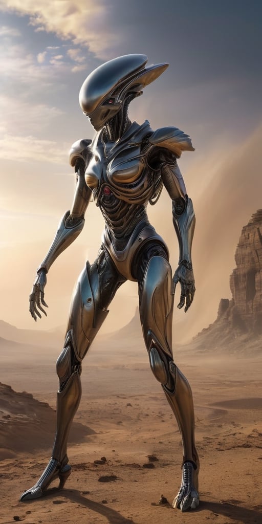 Generate hyper realistic image of an alien race with metallic,  chitinous exoskeletons,  reflecting the light in a mesmeri...