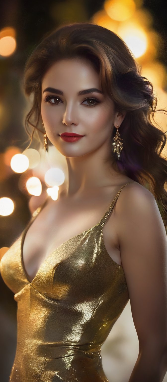 Generate hyper realistic image of a woman standing outdoors, her flowing brown hair cascading down her back, and she is facing the viewer with a smile on her lips. She has large breasts, pale skin, and a slim waist, and is dressed in a golden dress. Her hair is adorned with a beautiful ornament, and she holds a sparkler in one hand, with fireworks lighting up the night sky. Her brown eyes and earrings add to her elegance, while the background remains blurry to keep the solo focus on her.