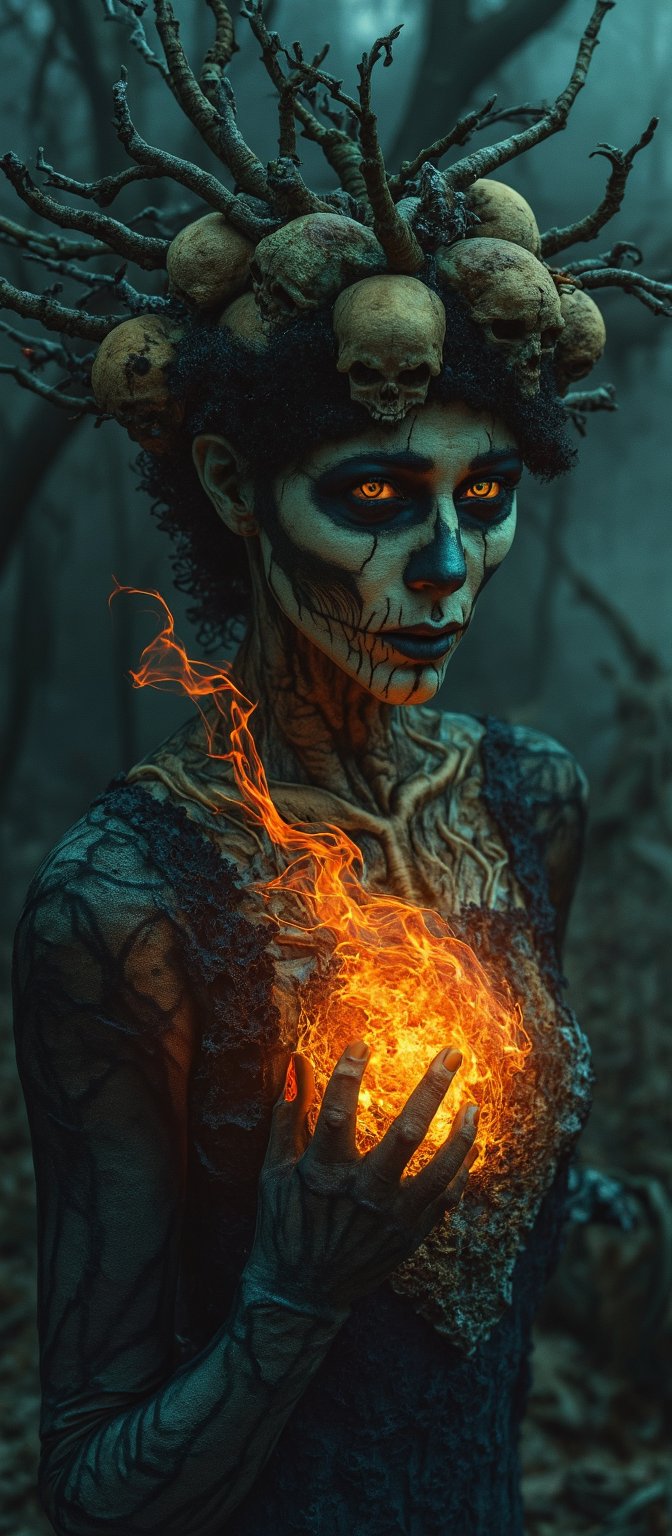 Generate hyper realistic image of a dark, haunting woman with macabre and mystical features. Her face is eerie and skeletal, covered in intricate patterns that resemble roots and vines, giving it a decaying, earthy appearance. Her eyes glow a bright, fiery orange. She is wearing crown-like headpiece made of twisted branches and skulls. The branches fan out from her head, some of them resembling gnarled tree roots, while numerous skulls are embedded within the design. Her clothing is dark and lacy, resembling an ancient, decayed wedding dress. The delicate lace details are contrasted by the rough, bark-like textures that blend into her skin. Her hands are elongated and bony, with sharp, claw-like fingers. Her body is mostly obscured by her dark clothing and the glowing energy she manipulates. The background is dark and shrouded in mist, with faint outlines of twisted trees and decaying branches.