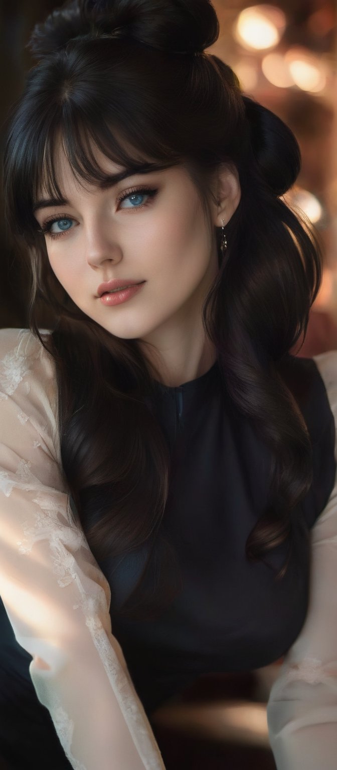 Generate hyper realistic image of a woman with long,  flowing hair sits by a window,  the sunlight casting a soft glow on...