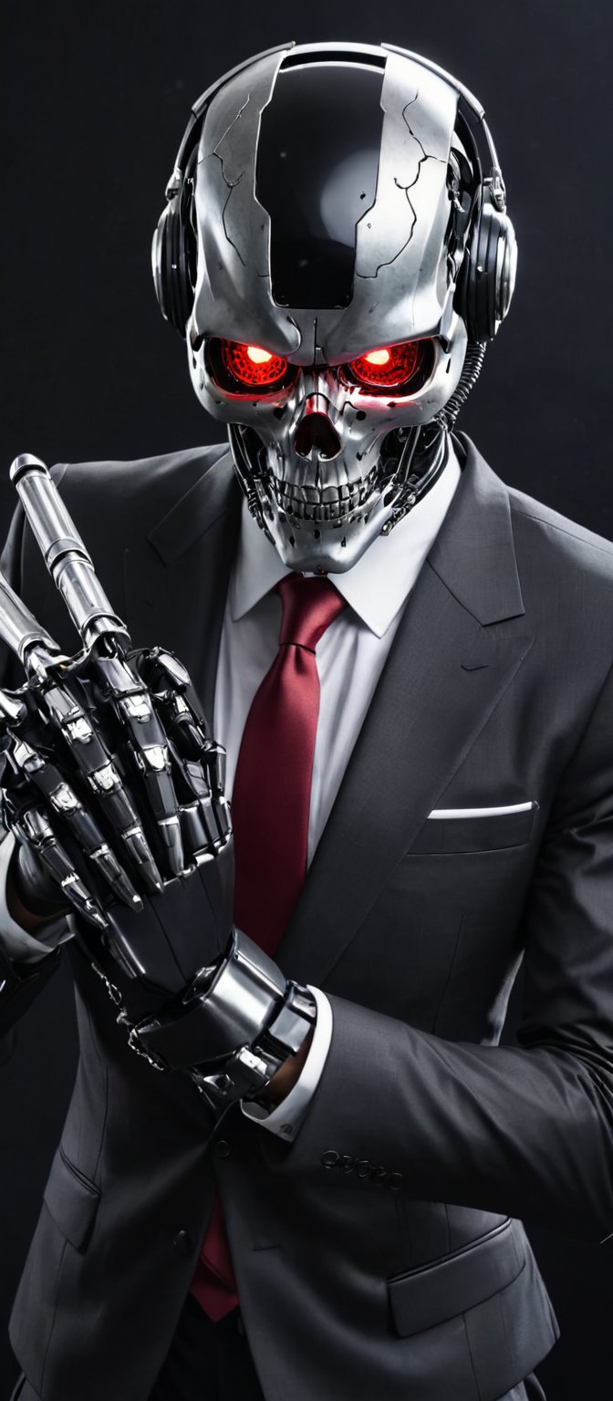 Generate hyper realistic image of a medium-angle shot of a Skull robot, dressed in a sleek black suit with a bold red tie and a gleaming silver helmet. The robot's face has black eyes and a silver headband, and it's wearing black gloves. Its right arm is raised while its left arm is bent, gripping a black gun. The stark black background contrasts sharply with the outfit.,skll