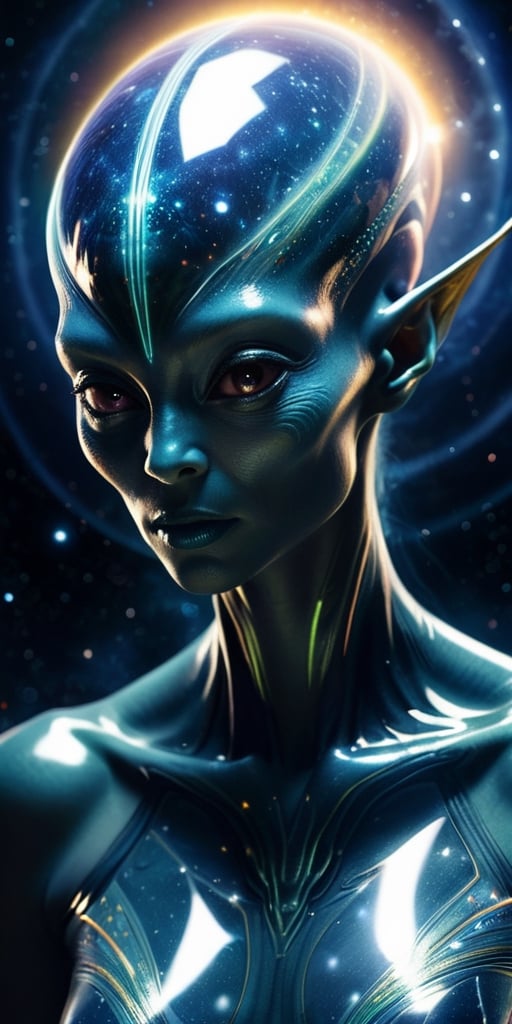 Generate hyper realistic image of a celestial-energy alien hybrid,  with radiant energy emanating from their body,  celest...