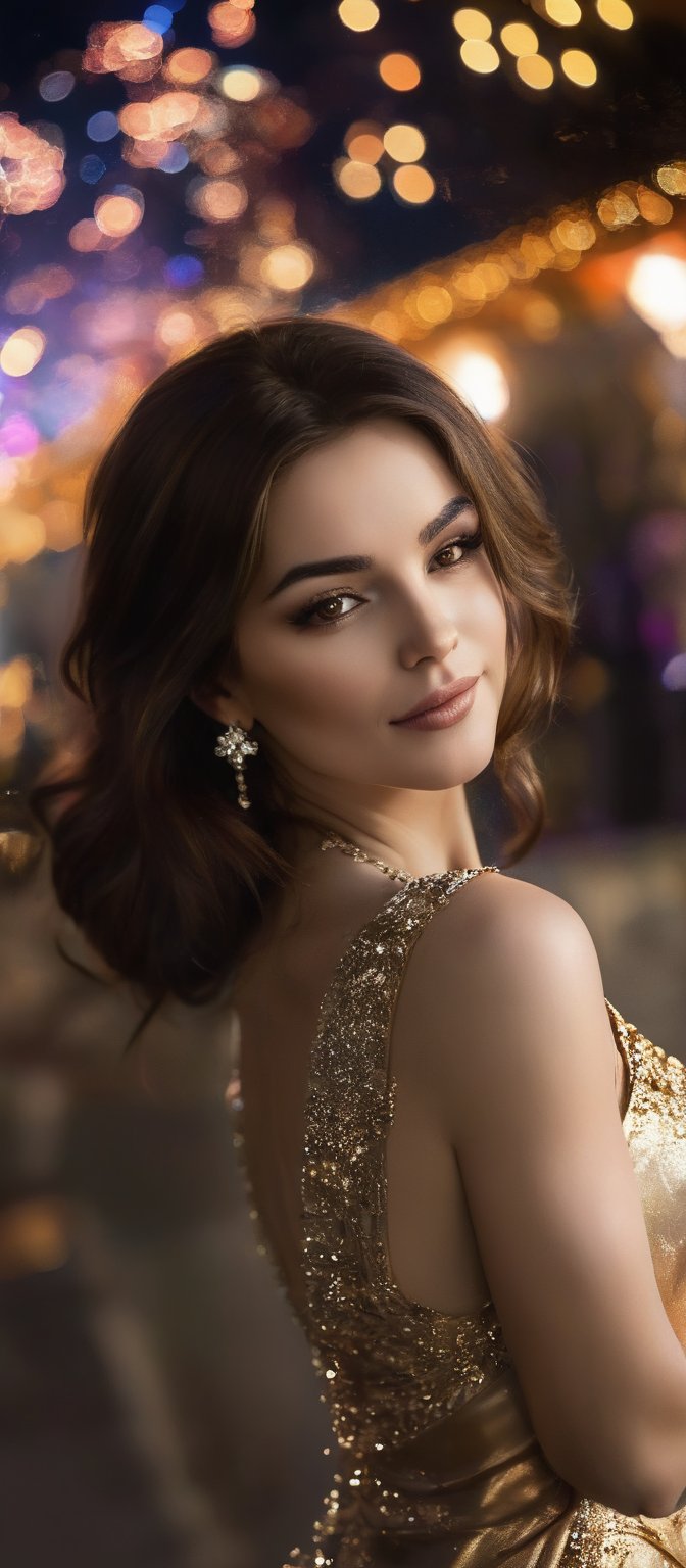 Generate hyper realistic image of a woman standing outdoors, her flowing brown hair cascading down her back, and she is facing the viewer with a smile on her lips. She has large breasts, pale skin, and a slim waist, and is dressed in a golden dress. Her hair is adorned with a beautiful ornament, and she holds a sparkler in one hand, with fireworks lighting up the night sky. Her brown eyes and earrings add to her elegance, while the background remains blurry to keep the solo focus on her.