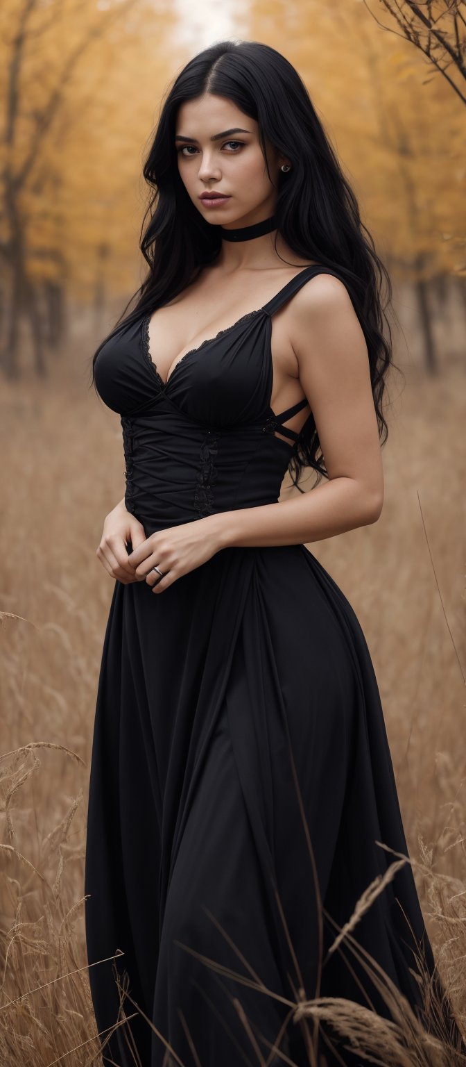 Generate hyper realistic image of a woman with flowing black hair,  draped in a gothic dress that accentuates her curves....