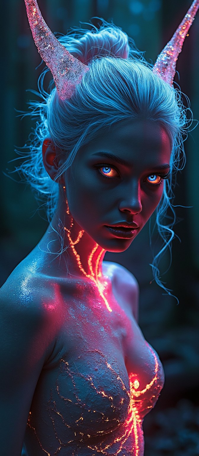 Generate hyper realistic image of a bioluminescent woman with a fantastical and alien appearance. The woman has an intense, otherworldly gaze. Her eyes are glowing bright blue, illuminated from within, and are strikingly detailed. Her skin appears smooth but with a slight metallic sheen. Her expression is serene, yet powerful. Her hair is white or silver, styled in an elegant updo. Thin, glowing wires intertwine with her hair. She wears a striking headpiece that looks like antlers, made of a bio-mechanical material. The headpiece glows with hues of pink, red, and purple, with delicate strands of glowing wires emanating from it. Her body is covered in an intricate web of bioluminescent lines and patterns that resembl veins glowing in various colors highlighting her curves. Her outfit merges seamlessly with her skin, as if it is growing out of her body. It has a glossy, organic look with glowing accents, resembling a symbiosis of plant life and advanced technology. The background is dark and blurred, with hints of a forest or natural environment.