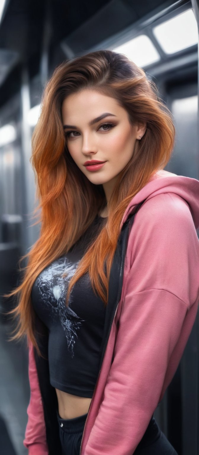 Generate hyper realistic image of a woman with flowing hair that cascades down her back. She is looking at the viewer with...