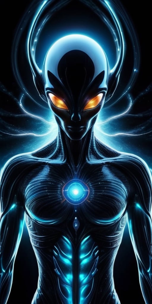 Generate hyper realistic image of a magnetic-field alien hybrid,  with luminous patterns that respond to magnetic forces,...
