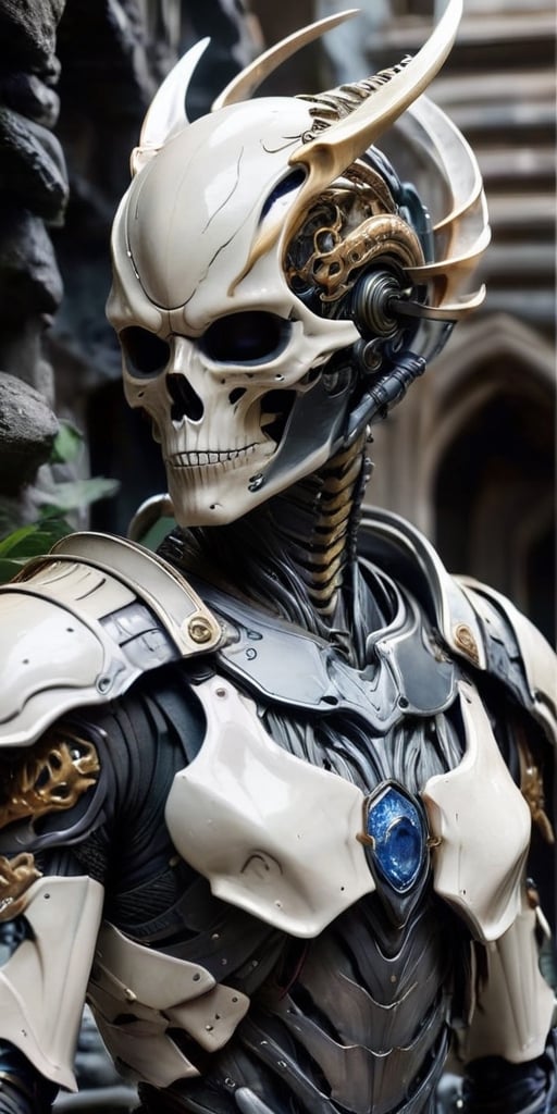 Generate hyper realistic image of a fearsome alien warrior dons a suit of armor constructed entirely from the bones and sk...