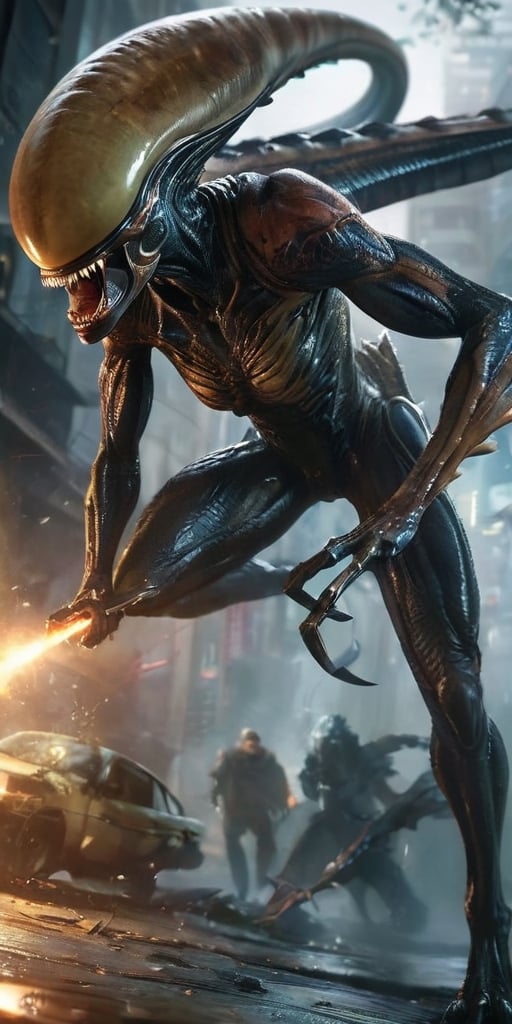 Generate hyper realistic image of a deadly alien creature with razor-sharp claws,  venomous fangs,  and the ability to cam...