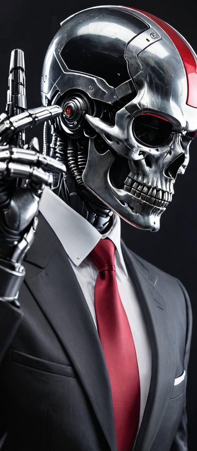 Generate hyper realistic image of a medium-angle shot of a Skull , dressed in a sleek black suit with a bold red tie and a gleaming silver helmet. The robot's face has black eyes and a silver headband, and it's wearing black gloves. Its right arm is raised while its left arm is bent, gripping a black gun. The stark black background contrasts sharply with the outfit.,skll