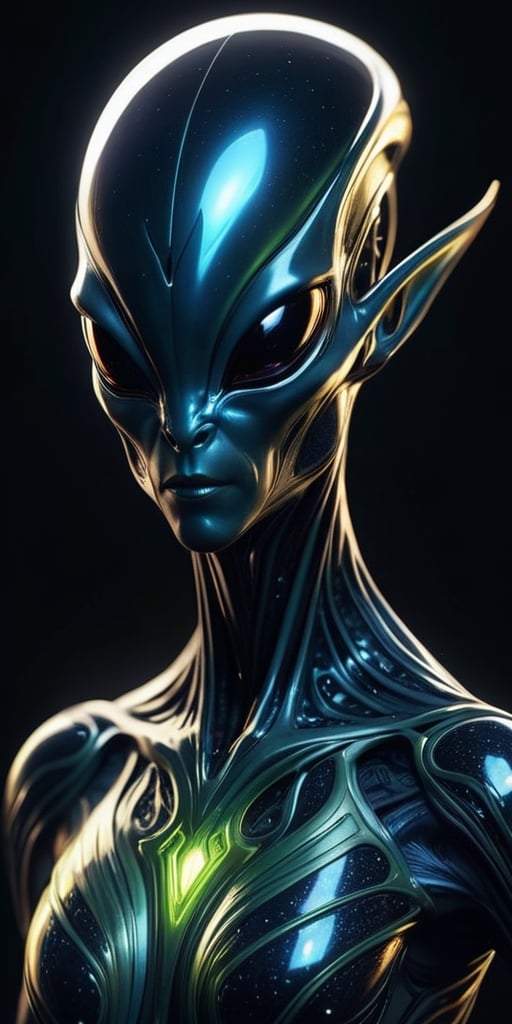 Generate hyper realistic image of a magnetic-field alien hybrid,  with luminous patterns that respond to magnetic forces,...