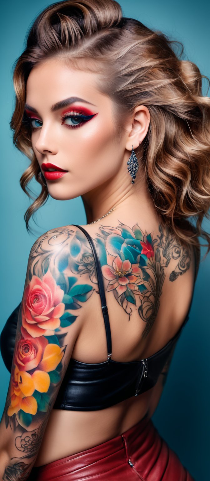 Generate hyper realistic image of a woman posing in an eye-catching outfit with a prominent tattoo. The woman has long,  l...