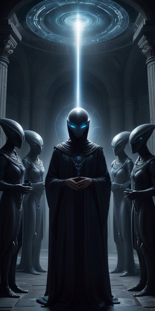 Generate hyper realistic image of a scene featuring a group of extraterrestrial beings conducting a dark and mysterious ce...