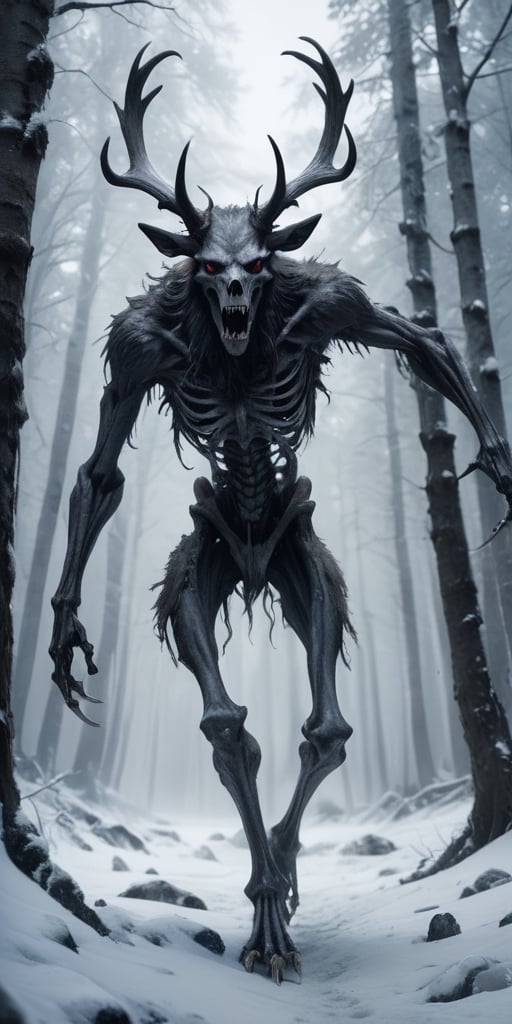 Generate hyper realistic image of a bone-chilling image of a monstrous wendigo, its skeletal form draped in icy, tattered fur, stalking through a snow-covered forest with hollow eyes reflecting the hunger for human flesh.highly detailed, sharp focus.8k,photography style,Extremely Realistic, 