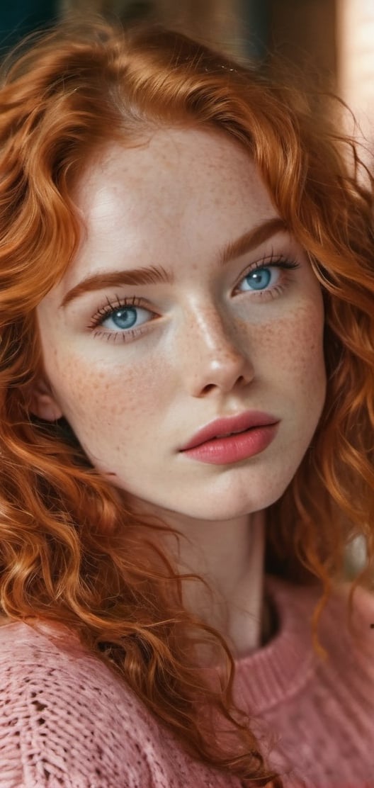 Create a a beautiful gignger woman portrait looking up to the viewer.super model,  long ginger hair,  curly hair by Decyfe...
