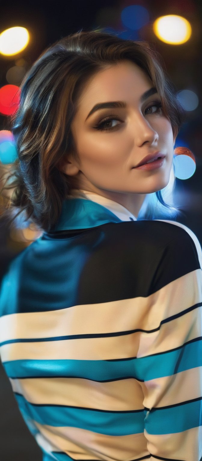 Generate hyper realistic image of a woman standing in front of a nighttime cityscape, with flowing brunette hair cascading down her back. She faces the viewer with a smile, her large breasts accentuated by a light blue and white striped shirt. The shirt is detailed with a black collar, white stripes, and an emblem on the right side of the chest that reads "meow". The scene includes a car driving down a street lined with street lights, capturing the city’s vibrant nighttime atmosphere. Her hair is pulled back.