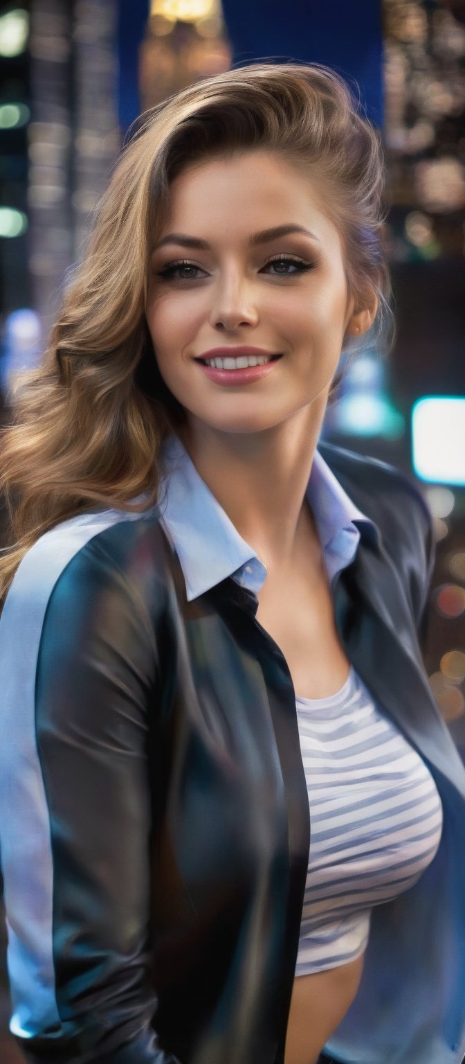 Generate hyper realistic image of a woman standing in front of a nighttime cityscape, with flowing brunette hair cascading down her back. She faces the viewer with a smile, her large breasts accentuated by a light blue and white striped shirt. The shirt is detailed with a black collar, white stripes, and an emblem on the right side of the chest that reads "meow". The scene includes a car driving down a street lined with street lights, capturing the city’s vibrant nighttime atmosphere. Her hair is pulled back.