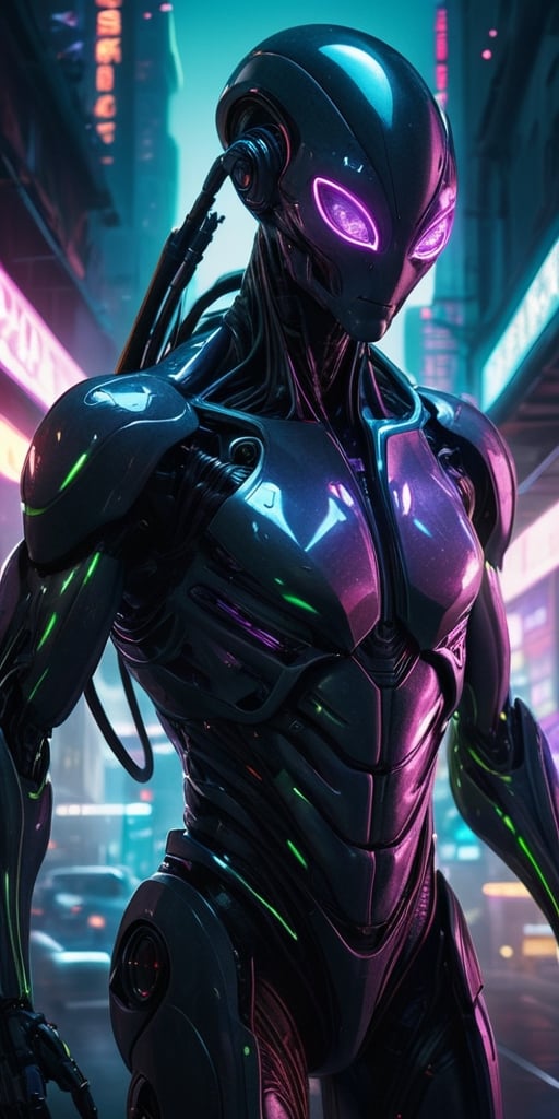 Generate hyper realistic image of a scene featuring a cybernetically enhanced alien being,  their body merging with dark m...